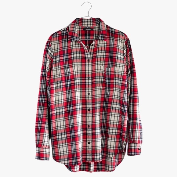 Madewell Red Oversized Ex Boyfriend Plaid Flannel Button Down Shirt Size XS - Picture 1 of 14